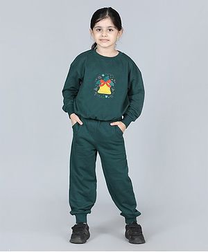 Aww Hunnie Full Sleeves Christmas Theme Bell Printed Sweatshirt & Joggers Set - Green