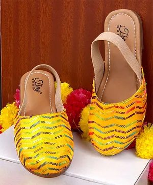 Tiny Bugs Sequin Embellished And Embroidered Strap Detail Ethnic Juttis -Yellow