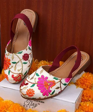 Tiny Bugs Floral Embroidered Strap Detail Ethnic Juttis -Beige