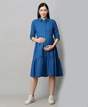 MomToBe Three Fourth Sleeves Tiered Maternity Shirt Dress - Blue