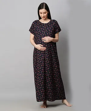 MomToBe Half Sleeves All Over Vintage Floral Printed Maternity Nighty - Navy Blue