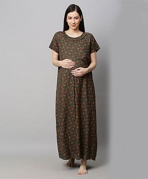 MomToBe Half Sleeves All Over Vintage Floral Printed Maternity Nighty - Green