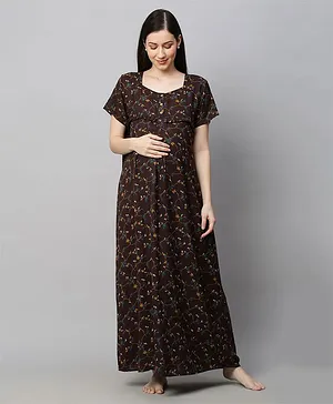 MomToBe Half Sleeves All Over Floral Printed Maternity Nighty - Brown