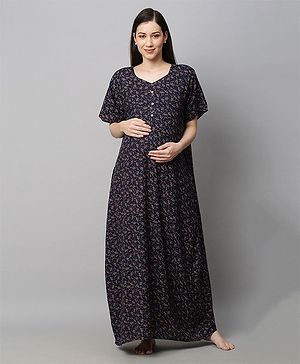 MomToBe Half Sleeves Seamless Leaf Printed Maternity Nighty - Navy Blue