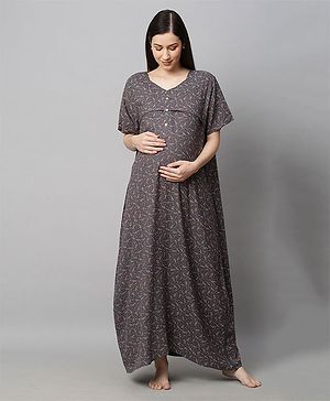 MomToBe Half Sleeves Seamless Leaf Printed Maternity Nighty - Grey