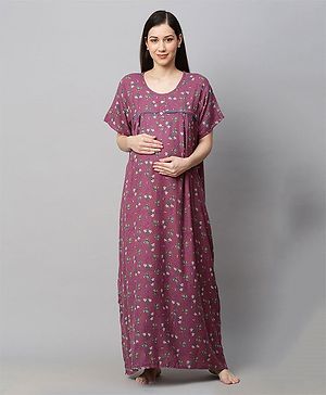 MomToBe  Half Sleeves All Over Flower Printed Maternity Nighty - Purple