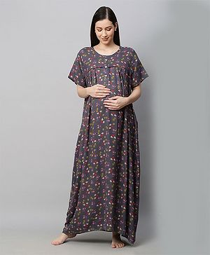 MomToBe  Half Sleeves All Over Flower Printed Maternity Nighty - Grey