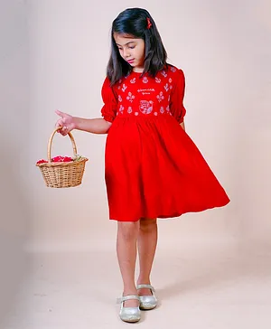 Little Carrot Half Puffed Sleeves Floral Leaves Embroidered Bodice Dress - Red