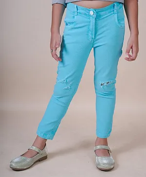 Little Carrot Ankle Length Distressed Over Dyed  Pants - Turquoise Blue
