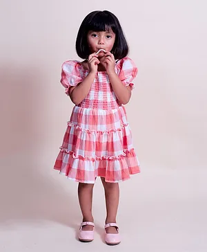 Little Carrot Half Puffed Sleeves Gingham Checked Smocked Detail Fit And Flare Dress - Coral