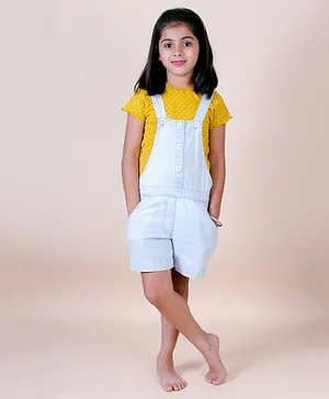 Little Carrot Half Sleeves Dotted Tee With Sleeveless Striped Dungare - Blue Yellow