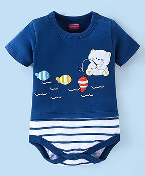 Babyhug 100% Cotton Knit Half Sleeves Onesie Stripes & Kitty Print- Navy Blue