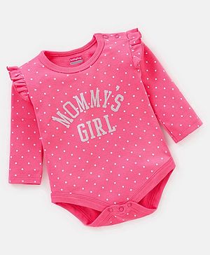 Babyhug 100% Cotton Full Sleeves Onesie With Frill Detailing Dot & Text Print - Pink