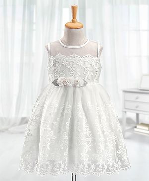 Babyhug Woven Sleeveless Party Dress with Floral Corsage & Embroidered - White