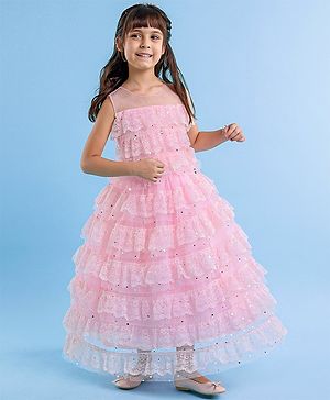 Babyhug Sleeveless Ruffled Lace Foil And Glitter Detailing Frock With Layer - Pink