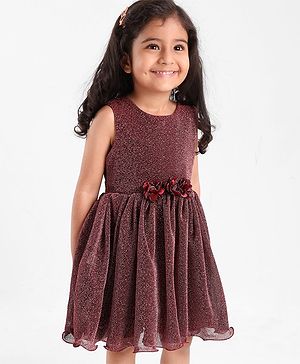 Babyhug Sleeveless Glittered Party Frock  With Corsage - Maroon