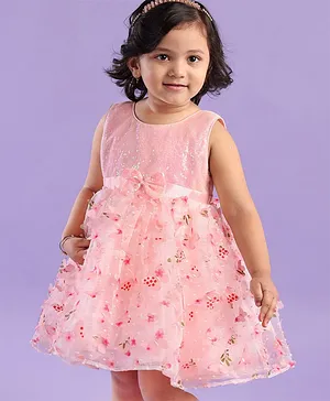 Babyhug Woven Sleeveless 3D Butterfly Fabric Party Frock With Bow & Sequin Embellished - Pink