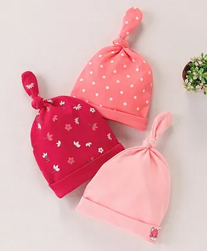 Babyhug 100% Cotton Caps Floral & Dot Print Pack Of 3 Pink - Diameter 10.5 cm