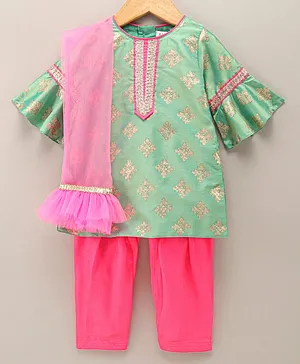Saka Designs  Half Sleeves Kurti & Pyjama With Dupatta - Green Pink