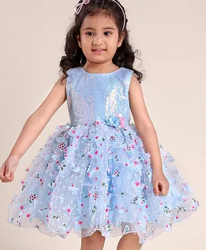 Babyhug Woven Sleeveless 3D Butterfly Fabric Party Dress with Floral Corsage & Sequin Embellished - Light Blue