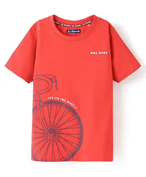 Pine Kids 100% Cotton Half Sleeves Bio Washed T-Shirt Bicycle Print - Red