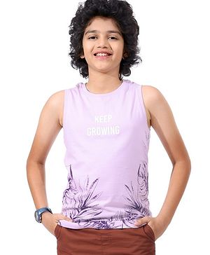 Pine Kids Cotton Sleeveless Biowashed T-Shirt Leaf Print- Purple