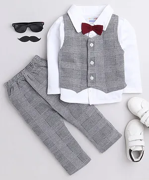 BUMZEE Full Sleeves Solid Bow Applique Shirt With Sleeveless Striped Design Checkered Waistcoat And Pant - White Grey