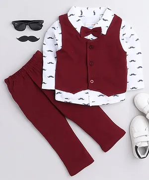 BUMZEE Full Sleeves Moustache Print Bow Applique Shirt With Sleeveless Waistcoat And Pant - White Maroon