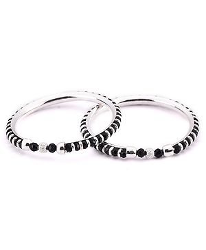 Black Silver 925 Silver Pair of Nazariya kada with DC cut Ball charms - Black and Silver