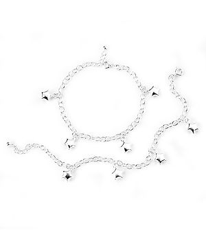 Black Silver 925 Pair of Silver Star Charms Anklet - Silver