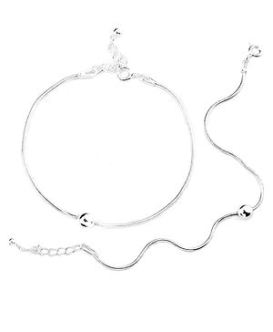 Black Silver 925 Pair of Pure Silver 1 Ball Anklet - Silver