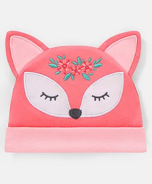 Babyhug 100% Cotton Fox Design Cap Floral Embroidery Peach - Diameter 17 cm