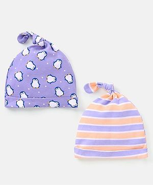 Babyhug 100% Cotton Cap Stripes & Penguin Design Pack of 2 Purple - Diameter 11.5 Cm