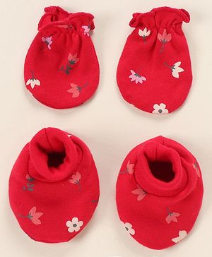 Babyhug 100% Cotton Mittens & Booties Set Floral Print - Red