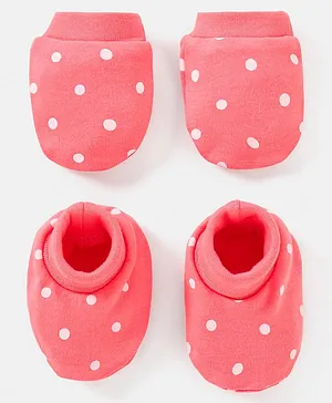 Babyhug 100% Cotton Knit Mittens & Booties Polka Dots Print - Peach