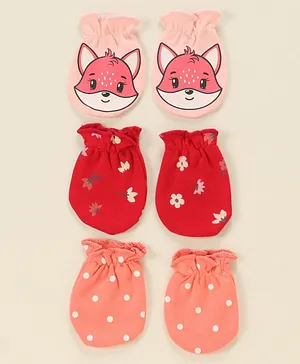 Babyhug 100% Cotton Mittens Pack Of 3 - Red Pink