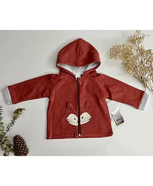 LilSoft Full Sleeves Fox Printed & Applique Detail Hooded Jacket - Rust Red
