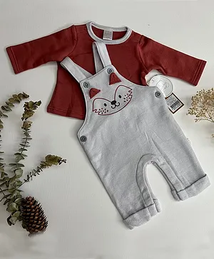 LilSoft Full Sleeves Solid Tee With Fox Ear Applique Detail & Printed Dungaree Set - Rust Red
