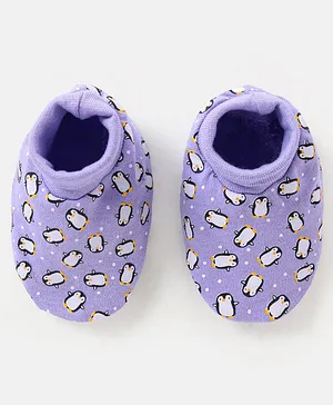 Babyhug 100% Cotton Knit Penguins Printed Booties - Purple