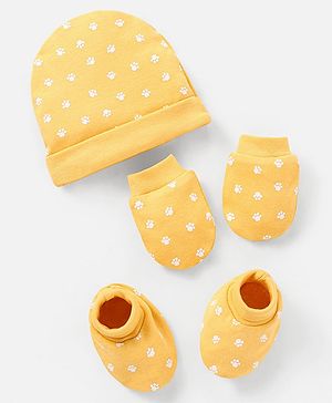 Babyhug 100% Cotton Knit Cap Mittens and Booties Lion Face Print Blue - Circumference 31 cm