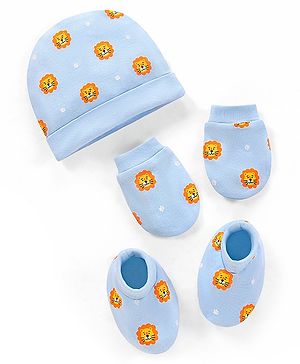 Babyhug 100% Cotton Knit Cap Mittens and Booties Lion Face Print Blue - Diameter 11.5 cm