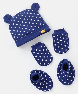Babyhug 100% Cotton Knit Ear Applique Cap Mittens & Booties Set Heart Print Navy - Diameter 10 cm