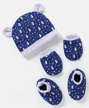 Babyhug 100% Cotton Knit Ear Applique Cap Mittens & Booties Set Penguins Printed Navy - Diameter 9.5
