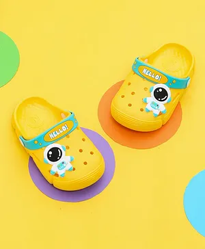 Yellow Bee Astronaut Applique Detailed Perforated Sling Back Clogs - Yellow