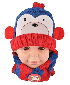 Yellow Bee Monkey Detail Cap And Striped Design Muffler Set Blue Red - Circumference - 25.12 Cm