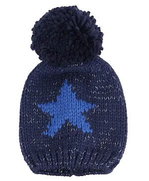 Yellow Bee Knitted Star Design Pom Pom Detail Beanie Cap Blue -  Circumference - 18.84 Cms