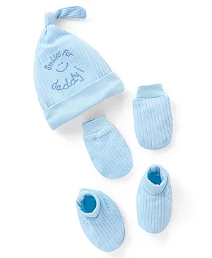 Babyhug 100% Cotton Knit Cap Mittens & Booties Set Text Embroidery Blue - Diameter 9.5 cm