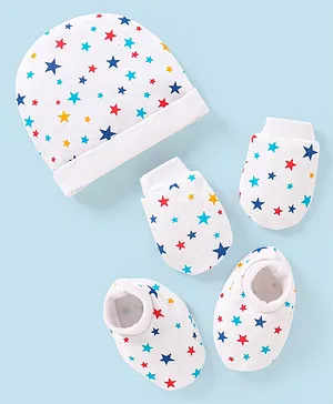 Babyhug 100% Cotton Animal Printed Cap Mittens & Booties - Cap Diameter 14 cm
