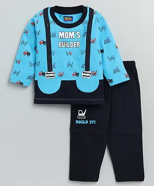 Nottie Planet Full Sleeves Moms Builder Print T Shirt With Pant  - Blue