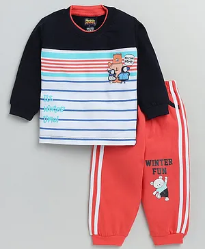 Nottie Planet Full Sleeves Its Winter Time Striped Printed Sweatshirt With Winter Fun Printed Jogger - Navy Blue